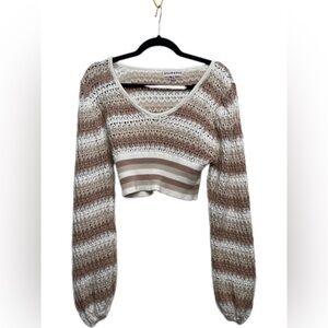 Willow & Wind Cream & Light Brown Striped Crochet Crop Sweater Size Small